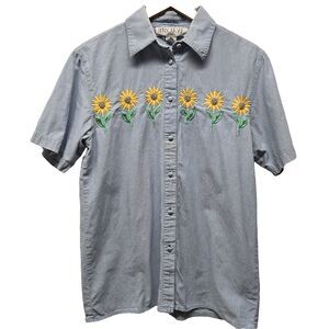 Harbour Vue Denim Embroidered Sunflower Button Up Shirt Top Med 100% Cotton VTG